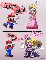 chabble chain_chomp chain_chomps_earrings crown mario mario_(series) monster_girl pink_dress princess_peach tagme transformation whistle_(object) yellow_hair