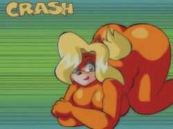 1990s_(style) activision anthro ass ass_up bandicoot bandicoot_girl big_ass big_breasts blonde_hair blonde_tail breasts crash_(series) eyecatch fake_screenshot female female_only green_eyes jack-o_pose naughty_dog simple_background tail tawna_bandicoot