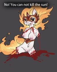 amputee anthro begging big_breasts black_sclera blood blood_splatter blood_spray bodily_fluids breasts broken_horn clitoris crown crowskull daybreaker_(mlp) decapitation defeated defeated_villainess desperation disability dying equid equine fangs female fire flaming_hair flaming_tail friendship_is_magic gem genitals gore hasbro headgear hi_res horn imminent_death killing knife mammal my_little_pony mythological_creature mythological_equine mythology navel nipple_piercing nipples nude piercing pseudo_hair pussy quadruple_amputee ryona solo tail teeth tiara tiara_only unicorn unicorn_horn villainess