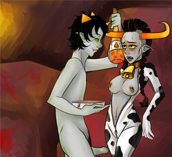 1boy 1girls bell bell_collar black_hair bodysuit bottle breasts closed_eyes closed_mouth clothes collar color cow_print cow_suit cowbell cute_fang erection female grey_skin hair homestuck horns kisiki long_hair male ms_paint_adventures nepeta_leijon nipple_piercing nipples nude open_clothes open_eyes open_mouth penis piercing pointy_ears pubic_hair rule_63 sharp_teeth short_hair smile straight tavros_nitram troll