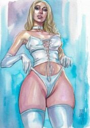 blonde_female blonde_hair blue_eyes cameltoe corset dan_wade emma_frost hellfire_club marvel marvel_comics panties pulling_panties pulling_panties_up tramastudio white_queen x-men