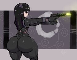 1boy ass_focus biopunk bodysuit bubble_ass bubble_butt child_bearing_hips cyberpunk femboy gun huge_ass huge_butt khadhunter7 military military_uniform skinsuit soldier tagme thick thick_ass thick_thighs timur_machimagia(khadhunter7)