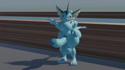 1boy 3d big_ass big_balls big_butt big_pecs big_penis blue_body blue_penis fins idimon male muscular peace_sign pokemon pokemon_(species) pool shiny_skin simple_background tagme vaporeon