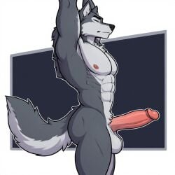 abs ai_generated anthro arms_up athletic athletic_anthro athletic_male balls bara big_balls big_muscles big_penis canid canine canis casual_erection casual_exposure casual_nudity closed_eyes fur furry grey_fur half-erect handsome humanoid_penis leon_the_gray_wolf_(oc) louisistired male manly muscular muscular_anthro muscular_male nude nude_male nudity original_character pecs penis sleepy solo solo_male standing stretching tired tired_look wolf wolf_boy