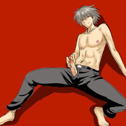 1boy clothing cock_out_of_pants erection kaworu_nagisa male male_only masturbation neon_genesis_evangelion penis red_background red_eyes shirtless white_hair