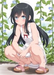 asashio_(kancolle) bare_shoulders black_hair blue_eyes blush censored dd_(ijigendd) dress female flat_chest full_body highres interlocked_fingers kantai_collection looking_at_viewer mosaic_censoring no_panties own_hands_together pussy sandals solo spread_legs squatting sundress toes white_dress