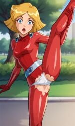 ai_generated ass belt belt_buckle bigmic145 bodysuit breasts clover_(totally_spies) exposed_crotch female gloves heart-shaped_buckle heart_buckle medium_breasts orange_hair panties ripped_clothing solo_female totally_spies wardrobe_malfunction