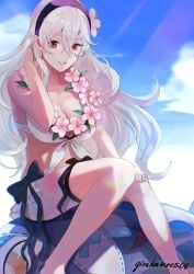 1girls artist_name bikini black_hairband blue_sky character_doll cleavage cloud commentary corrin_(fire_emblem) corrin_(fire_emblem)_(female) corrin_(summer)_(fire_emblem)_(female) fire_emblem fire_emblem_fates fire_emblem_heroes flower flower_necklace gimkamres04 grin hair_between_eyes hair_flower hair_ornament hairband highres jewelry lilith_(fire_emblem) long_hair looking_at_viewer medium_breasts necklace nintendo official_alternate_costume outdoors pink_flower pointy_ears red_eyes sitting sky smile solo sunlight swimsuit very_long_hair wavy_hair white_bikini white_hair