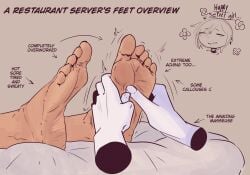 1girls absurdres barefoot cute cute_face dialogue disembodied_hand dunceleaf feet feet_together female_focus foot_fetish foot_focus foot_massage foot_worship footwear_removed happy highres massage massaging oc original original_character relaxed relaxing satisfied_look server server_girl smelly_feet smiling soles stinky_feet sweaty_feet tired_feet toes touching_feet waitress