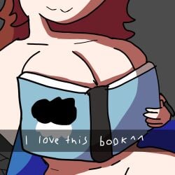 1:1 1girls big_breasts blue_book book breasts breasts_out covering_breasts highres large_breasts light-skinned_female light_skin meme meme_reference nude_female original original_character ouch_meme red_hair selfie smile smile_at_viewer snapchat text