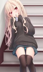 blue_panties cardigan clothes_pull female head_tilt highres looking_at_viewer mana_(yoye_(pastel_white)) medium_breast multicolored_hair original panties pantyhose_pull pleated_skirt purple_nails red_eyes school_uniform sitting sitting_on_stairs solo yoye_(pastel_white)