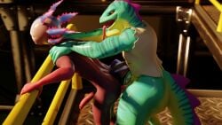 anal anthro axo_(fortnite) axolotl blender fortnite from_behind_position holding_shoulder lizard lizzik_(fortnite) male male/male male_only strikefrommidnight tongue_out twink