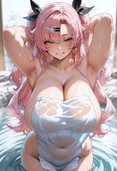 1girls ai_generated breasts female flyingpancake green_eyes hi_res hot_spring huge_breasts large_breasts light-skinned_female light_skin long_hair nicole_demara onsen pink_hair towel towel_only twintails zenless_zone_zero