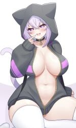 1girls animal_ears big_breasts blush breasts cat_ears cat_tail catgirl cleavage clothed clothing female female_only fully_clothed hololive hololive_gamers hololive_japan huge_breasts light-skinned_female light_skin mochigome_(mochigomemcmc) nekomata_okayu open_mouth purple_hair revealing_clothes seductive solo stockings tail virtual_youtuber