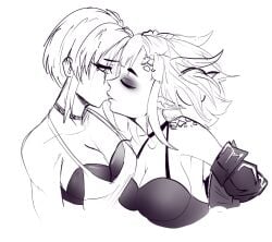 2girls clothing dragon_girl dragon_horns dragon_scales dress french_kiss green_hair horn kissing lesbian_kiss miyako_noh monochrome niikasauria red_hair ryumivt scales short_hair white_background yellow_eyes yuri