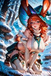 1female 1girls ai_generated all_fours aurora_(league_of_legends) bare_shoulders big_breasts blue_eyes bunny_ears bunny_girl curvy eyelashes eyeliner female freckles fur furry glasses league_of_legends looking_at_viewer makeup messy_hair orange_hair ornament outdoors patreon puffy_nipples red_hair riot_games round_glasses sexually_suggestive sideboob snow stable_diffusion stblfantasy suggestive suggestive_look sweater voluptuous voluptuous_female witch_hat