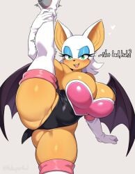 1girls absurd_res anthro anthro_female anthro_only anthrofied bat bat_wings bent_over big_breasts blush breasts breasts_bigger_than_head busty clothed clothing curvaceous curvy curvy_figure dialogue digital_media_(artwork) english_text eyebrows eyelashes female female_focus female_only fur furry furry_female furry_only glistening glistening_body grabbing_leg green_eyes hi_res hourglass_figure kuru_tyan legs_up lifting_leg looking_at_viewer love_hearts mammal mobian_(species) motion_lines orange_skin rouge_the_bat sega smirk solo sonic_(series) sonic_the_hedgehog_(series) stretching tagme text thick_thighs thighhighs video_games voluptuous voluptuous_female watermark white_hair wide_hips yellow_body yellow_fur