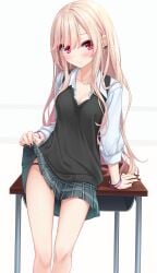 black_nails blush cleavage clothes_lift female highres lifting_own_clothes looking_at_viewer mana_(yoye_(pastel_white)) medium_breast multicolored_hair original panty_peek pleated_skirt red_eyes school_uniform skirt_lift solo yoye_(pastel_white)