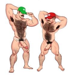 2boys arm_hair armpit_hair armpits arms_behind_head balls barefoot biceps body_hair chest_hair duo duookami erection facial_hair gay genitals green_hat hairy_arms hairy_belly hairy_chest hairy_legs hairy_male hat himbo human leg_hair light_skin light_skinned_male luigi male male_nipples male_only mammal manly mario mario_(series) masculine mature mature_male mature_man muscles muscular muscular_male nintendo nipple_piercing nipples nude nude_male penis posing pubic_hair red_hat tattoos testicles white_background