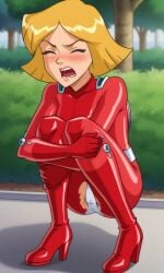 ai_generated ass belt bigmic145 blush bodysuit boots breasts clover_(totally_spies) exposed_crotch female gloves medium_breasts orange_hair panties ripped_clothing solo_female totally_spies wardrobe_malfunction