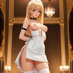 1girls ai_generated bare_shoulders beautiful blonde_female blonde_hair blonde_hair_female breastless_clothes breasts_out casual_exposure casual_nudity chandelier collarbone detached_collar exposed_breasts female french_maid light-skinned_female light_skin maid maid_headdress maid_uniform naked_collar nhumanfuture original original_character perfect_body perfect_boobs submissive_female topless topless_female