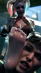 1girls 2girls 3d barefoot batman_(series) catwoman catwoman_(injustice) crackedorb dc dc_comics feet female female_only foot_fetish harley_quinn harley_quinn_(injustice) injustice_2 selina_kyle soles sweat yuri