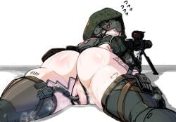 absurdres anal anal_object_insertion ass barcode barcode_tattoo bipod blonde_hair blush camouflage commentary_request covered_eyes cws1122uu female flying_sweatdrops green_thighhighs gun head-mounted_display highres holding holding_gun holding_weapon hood hood_up korean_commentary leg_tattoo looking_back lying object_insertion on_stomach original pouch pussy rifle scope shiny_skin shrug_(clothing) simple_background skindentation sniper_rifle solo steaming_body sweat tattoo thigh_pouch thigh_strap thighhighs uncensored vaginal_object_insertion vaginal_penetration weapon white_background