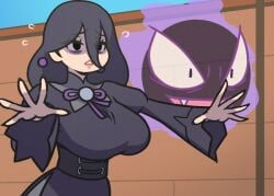 :o @_@ akairiot alternate_breast_size animated bags_under_eyes black_dress black_hair bouncing_breasts breasts clothed creatures_(company) dress female game_freak gastly gen_1_pokemon hair_between_eyes hex_maniac hex_maniac_(z-a) large_breasts long_hair long_sleeves nintendo open_mouth outstretched_arms pokemon pokemon_legends:_z-a running sweat