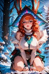 1female 1girls ai_generated aurora_(league_of_legends) big_breasts blue_eyes bunny_ears bunny_girl curvy eyelashes eyeliner female freckles furry glasses kneeling league_of_legends looking_at_viewer makeup messy_hair orange_hair ornament outdoors patreon puffy_nipples red_hair riot_games round_glasses sexually_suggestive sideboob snow stable_diffusion stblfantasy suggestive suggestive_look voluptuous voluptuous_female witch_hat