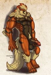 anthro arcanine barefoot claws color fur furry handjob male male_only muscles nude penis pokemon pokemon_(species) solo standing suck_mcjones tagme