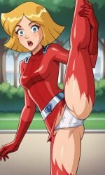 ai_generated ass belt belt_buckle bigmic145 blonde_hair blue_eyes bodysuit breasts clover_(totally_spies) exposed_crotch female gloves grabbing_leg heart-shaped_buckle heart_buckle lifting_leg medium_breasts open_mouth orange_hair panties red_bodysuit ripped_clothing shocked small_ass solo_female thick_thighs totally_spies wardrobe_malfunction white_panties