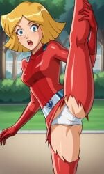 ai_generated ass bigmic145 bodysuit breasts clover_(totally_spies) exposed_crotch female medium_breasts orange_hair panties ripped_clothing solo_female totally_spies wardrobe_malfunction