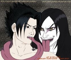 2boys adult_and_teenager age_difference black_hair gay licking long_hair long_hair_male long_tongue male male/male naruto naruto_(series) naruto_shippuden older_dom_younger_sub older_man_and_younger_boy orochimaru sasuke_uchiha tongue tongue_out tongues_touching uchiha_sasuke villain yaoi