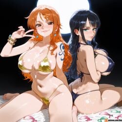 ai_generated big_ass big_breasts biukini black_hair condom condoms cum cute cutie large_breasts nami nami_(one_piece) nico_robin nico_robin_(one_piece) one_piece orange_hair