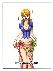 1girls accurate_art_style big_breasts breasts cleavage clothed clothing cosplay female female_only nami nami_(one_piece) nico_robin_(cosplay) one_piece post-timeskip rickholmes0410 sarong