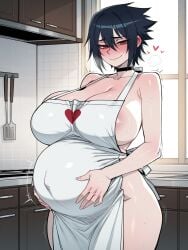 11_22 ai_generated black_choker black_hair blush embarrassed genderswap_(mtf) half-closed_eyes hands_on_stomach heart heavy_breathing huge_breasts kitchen large_breasts looking_at_viewer motion_lines naked_apron naruto naruto_(series) nervous_smile pale_skin pregnant red_eyes rule_63 rule_63 sasuke_uchiha sasuko short_hair smile standing sweat thick_thighs twitching uzumaki_naruto white_apron wide_hips