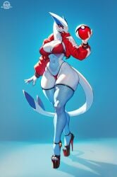 ai_generated basketmuffin cleavage high_heels huge_breasts jacket lugia platform_heels pokemon tail thighhighs