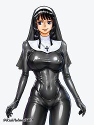 1girls bangs big_breasts black_hair blue_eyes bodysuit breasts female female_only hi_res latex latex_nun latex_suit nico_robin nipple_bulge nun nun's_habit nun_outfit one_piece post-timeskip rickholmes0410 skin_tight tight_clothing