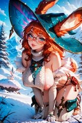 1female 1girls ai_generated all_fours aurora_(league_of_legends) bare_shoulders big_breasts blue_eyes bunny_ears bunny_girl curvy eyelashes eyeliner female freckles fur furry glasses league_of_legends looking_at_viewer makeup messy_hair orange_hair ornament outdoors patreon puffy_nipples red_hair riot_games round_glasses sexually_suggestive sideboob snow stable_diffusion stblfantasy suggestive suggestive_look sweater voluptuous voluptuous_female witch_hat