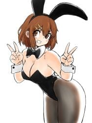 1girls black_bowtie breasts brown_eyes brown_hair cleavage double_v fake_animal_ears k-on! leaning_forward playboy_bunny tagme toshinoshin00 white_background wrist_cuffs yui_hirasawa_(k-on!)