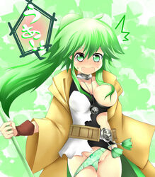 blush breasts green_eyes green_hair gusto_(archetype) long_hair nipples torn_clothes winda_priestess_of_gusto wynnda_miko_of_the_gusta yu-gi-oh!