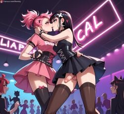 ai_generated black_hair boobly club dress futa_with_futa futanari goth kissing making_out pink_hair ponytail public_nudity punk stockings