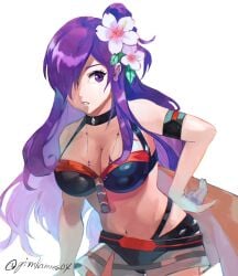 1girls bare_shoulders bikini black_bikini black_choker choker cleavage fire_emblem fire_emblem:_three_houses fire_emblem_warriors:_three_hopes flower gimkamres04 hair_flower hair_ornament hair_over_one_eye hibiscus highres large_breasts long_hair looking_at_viewer navel nintendo official_alternate_costume purple_eyes purple_hair shez_(female)_(fire_emblem) shez_(female)_(summer)_(fire_emblem) shez_(fire_emblem) simple_background solo stomach swimsuit white_background white_flower