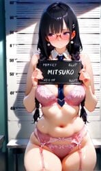 1girls ai_generated black_hair braid bsandra embarrassed glasses medium_breasts mitsuko_(bsandra) mugshot original original_character purple_eyes thick_thighs twin_braids underwear