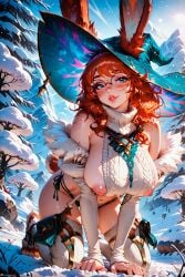 1female 1girls ai_generated all_fours aurora_(league_of_legends) bare_shoulders big_breasts blue_eyes bunny_ears bunny_girl curvy eyelashes eyeliner female freckles fur furry glasses league_of_legends looking_at_viewer makeup messy_hair orange_hair ornament outdoors patreon puffy_nipples red_hair riot_games round_glasses sexually_suggestive sideboob snow stable_diffusion stblfantasy suggestive suggestive_look sweater voluptuous voluptuous_female witch_hat