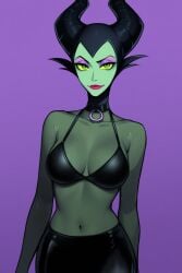 1girls ai_generated bra breasts cleavage disney female female_only looking_at_viewer maleficent navel novelai purple_background seductive seductive_look see-through_clothing simple_background stable_diffusion