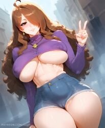 1girls ai_generated alternate_costume areola areolae_visible_through_clothing ass ass_bigger_than_head bare_thighs black_heels blush breast_focus brown_eyes brown_hair camel_toe cleavage cozy crop_top cropped_sweater curvaceous curvy curvy_female curvy_figure female flushed gigantic_breasts hair_between_eyes heels huge_breasts huge_thighs jean_shorts kono_subarashii_sekai_ni_shukufuku_wo! konosuba large_ass large_breasts light-skinned_female light_skin long_hair looking_at_viewer massive_breasts mature_female milf minishorts miniskirt outdoors patreon patreon_username purple_sweater pussy shorts smiling sogo solo solo_female steam sweat sweatdrop sweater sweater_lift thick_body thick_female thick_thighs thighs v_sign voluptuous voluptuous_female wet wide_hips wiz_(konosuba)