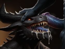 ai_generated anthro anthro_on_anthro anthro_only black_body black_fur blowjob blue_fur blue_penis cum cum_in_mouth cum_on_face demon demon_boy demon_horns dragon gay gay_blowjob gay_male gay_sex holding_head horns monster monster_boy monster_cock open_mouth scalie teeth tongue veiny_penis