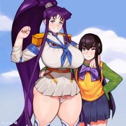 2girls black_hair blue_eyes blush bow breasts cameltoe costume_switch crossover curvy eiken epaulettes fist_pump grin highres huge_breasts junketsu keigi keigi_(artist) kill_la_kill kirika_misono kiryuuin_satsuki long_hair looking_at_viewer multiple_girls one_eye_closed panties purple_eyes purple_hair school_uniform size_difference smile sweatdrop swirl thick_eyebrows thick_thighs thighs underwear very_long_hair wide_hips