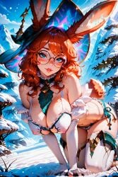 1female 1girls ai_generated all_fours aurora_(league_of_legends) bare_shoulders big_breasts blue_eyes breast_squeeze bunny_ears bunny_feet bunny_girl cat_lingerie cleavage covered_nipples curvy eyelashes eyeliner female freckles fur furry glasses kneeling league_of_legends looking_at_viewer makeup messy_hair orange_hair ornament outdoors patreon puffy_nipples red_hair riot_games round_glasses sexually_suggestive sideboob snow stable_diffusion stblfantasy suggestive suggestive_look voluptuous voluptuous_female witch_hat